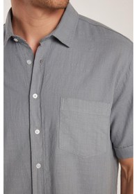 Resim Tudors Erkek Regular Fit Klasik Kesim %100 Pamuk Keten Doku Cepli Gri Gömlek-32679 Gri 