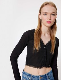 Resim Crop Tişört Uzun Kollu Kaşkorse V Yaka Düğmeli Dantel Detaylı 