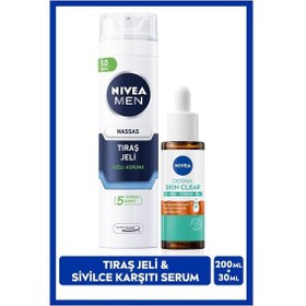 Resim Men Erkek Hassas Tıraş Jeli 200ml Ve Derma Skin Clear Sivilce Karşıtı Serum 30ml, Cilt Bakım Seti 