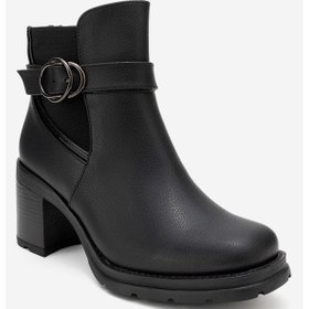 Resim Luvishoes Luvi Shoes Heile Siyah Cilt Tokalı Kadın Kalın Topuklu Bot Siyah 