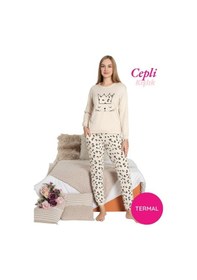 Resim Guava Kadın Bisiklet Yaka Düğmesiz Kışlık Termal Bilek Manşetli Jogger Uzun Kol Cepli Pijama Takımı Bej 