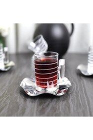 Resim Modern Çizgili 18 Parça 6 Kişilik Çay Seti - Cam Kahve Yanı Ve Çay Takımı Şeffaf 