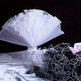 Resim 1 Rulo/4 Yard Beyaz Dalgalı Tül İplik İnci Süslemeli - 28cm Geniş Volanlı Kenar Şık Çiçek Buketi Ambalajı, DIY El İşleri ve Hediye Paketleme, Etkinlik Süslemeleri için | Şık Aksesuarlar | Şeffaf Kumaş 