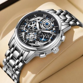 Resim Hanyang Gümüş Siyah Lıge Orijinal Izle Erkekler Için Su Geçirmez Paslanmaz Çelik Kuvars Analog Moda Iş Güneş Ay Yıldız Kol Saatleri Üst Marka Saat (Yurt Dışından) 