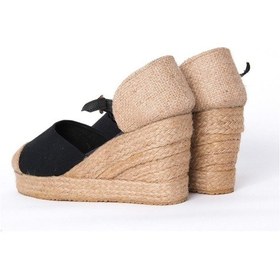 Resim Star Tombis Gerçek Elişi Burnu Hasır Platformlu Dolgu Topuk Siyah Keten Hasır Espadril Handmade Siyah 