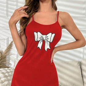 Resim Kadın Yay Desenli Rahat Fırfırlı Pijama Elbise, Yuvarlak Yaka Sırtı Açık Elbise, Rahat Gece Elbisesi 