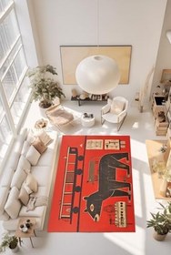 Resim rugs modern Dido Koleksiyonu Siyah Kırmızı Tema Tren ve Hayvan Desenli Modern Dekoratif Halı 3326, 80 x 150 