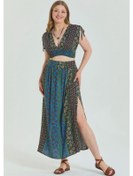 Resim Arka Bel Lastikli Derin Yırtmaçlı Büyük Beden Etek Desenli 