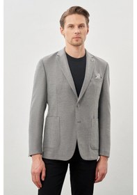 Resim İmza Gri Kendinden Çizgili Desen Flannel Mono Yaka 2 Düğme Esnek 6 Drop Slim Fit Casual Ceket 1002245167 100 Gri 