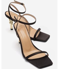 Resim Luvishoes Sone Siyah Saten Gold Topuklu İnce Bantlı Kadın Topuklu Ayakkabı 
