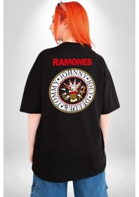 Resim Ramones Punk Müzik Grubu Pamuklu Unisex Oversize Sırt Dijital Baskılı Siyah T-shirt Siyah 