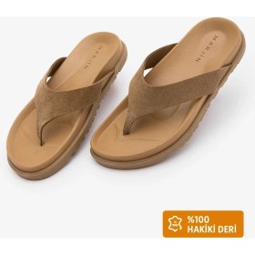 Resim Marjin Kadın Hakiki Deri Parmak Arası Günlük Terlik Tarkin Camel Süet 