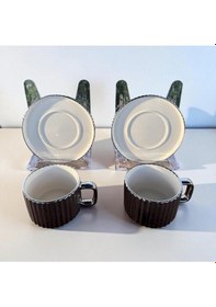 Resim Modern Çizgili 2'li Porselen Çay Fincan Takımı Silver Renk, Sunum Tabağıyla, Şık Ve Zarif Tasarım Silver 