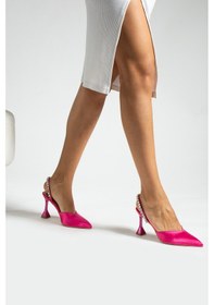 Resim Simon Saten Taş Detaylı Topuklu Fuşya Ayakkabı Fuşya 