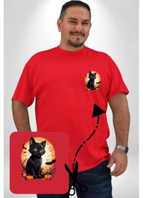 Resim Angemiel Cadılar Bayramı Kedi Kırmızı Büyük Beden Kadın Basic Minimal Baskılı Tişört Kırmızı 