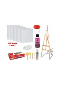 Resim 5 Adet 50x50 Cm Tuval Ve Büyük Boy Şovale Akrilik Boya Seti Palet Fırça Vernik Vs 