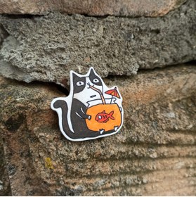 Resim Tüylü Dükkan Balıklı Kedi Broş 