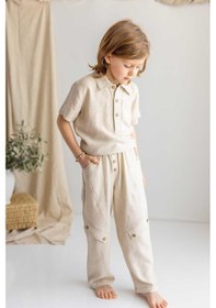 Resim Oliven The Kid Oliventhekid Bej Naturel Keten Beli Lastikli Cepli Bol Paça Erkek Çocuk Pantolon Bej Bej 