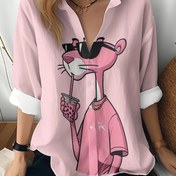 Resim Kadın Uzun Kollu Gömlek - Sevimli Pembe Panter Baskısı, Rahat Düğmeli Yaka Yaka, Hafif Polyester Bahar/Sonbahar için, Rahat Kıyafet|Oyunca Baskı|Poliester Kumaş 
