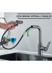 Resim Boheme Fleko Çok Modlu Spiralli Mutfak Evye Bataryası Şelale Yağmurlama Fonksiyonel Antrasit 
