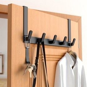 Resim 1 Modern Kapı Üstü saç tokası Rafı - Kolay Kurulum, Delme Gerektirmeyen Beş saç tokası Organizatörü Giysiler, Şapkalar ve Havlular için - Banyolar, Mutfaklar ve Oturma Odaları için Şık Siyah Tasarım, Banyo Organizatörleri ve Depolama 