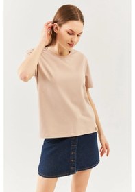 Resim Kadın Rahat %100 Pamuklu Penye Bisiklet Yaka Kısa Kol Basic T-shirt Sütlü Kahve 