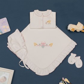 Resim Little Chick Organik Yenidoğan Seti - Kroşeta Kenar Detaylı Pembe - 4 Parça Set / Biyeli Battaniye & Knot Şapka 