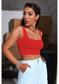 Resim Kadın Kırmızı Kalın Askılı Crop Top Büstiyer Kırmızı 