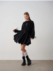 Resim Kız Çocuk Kol Ucu Tüylü Tasarım Sweatshirt-14784 Siyah 