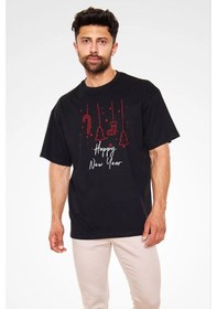 Resim Barlashive Erkek Kısa Kol Tişört Bisiklet Yaka Yeni Yıl Baskılı T-shirt - Siyah Çok Renkli 