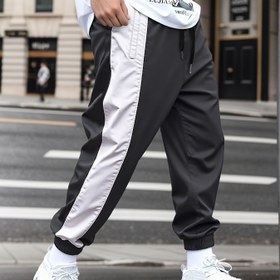 Resim Erkekler için Kontrast Dikişli İpli Bel Jogger Pantolonlar, Hızlı Kuruyan Rahat Buz Kaydırmalı Kumaş Günlük Koşu Pantolonları, Moda ve Konforlu Günlük Giyim İçin Uygun, Yaz Seyahati ve Dış Aktiviteler İçin Mükemmel 