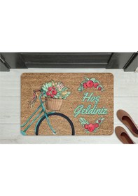 Resim Hoşgeldiniz Ahşap Turuncu Çicek Dekoratif Çok Amaçlı Iç Ve Dış Kapı Önü Paspası Bej 