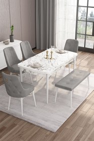 Resim Canisa Are Serisi Mdf 80x132 Açılabilir Beyaz Mermer Desen Masa Takımı 4 Gri Sandalye Ve 1 Bench 