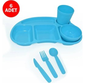 Resim Melkan Home 6'lı Çocuk Tabldot Set 5 Bölmeli Kahvaltılık Tabildot Seti Kase Bardak Çatal Bıçak Kaşık Set Turkuaz 