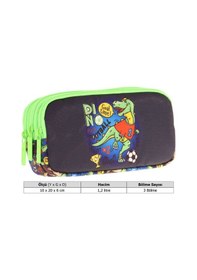 Resim Kaukko Kids Yeşil Siyah, Dinazor Baskılı, Erkek Çocuk Üç Bölmeli Okul Kalem Çantası - L8266 Yeşil - Siyah 