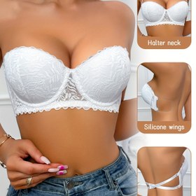 Resim Kadınlar için Şık Dantel Askısız Bandeau Sütyen - Gösterişli Silikon Kanatlarla, Çıkarılmayan Dolgular, Elde Yıkanabilir, Beyaz 