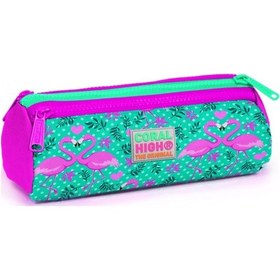 Resim Coral High Pembe-Yeşil Flamingo Baskılı Üç Bölmeli Kalem Çantası 