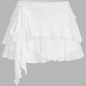 Resim Ruffled Lace-Up Detaylı Kadın Düşük Bel Mini Etek - Bahar/Yaz/Sonbahar için Beyaz Katmanlı Ruffle Etek, Rahat Formal Giyim, Mevsimsel Moda, Katmanlı Etek Tasarımı, Formal Giyim, Bahar Yaz Modası, Akışkan Kumaş 