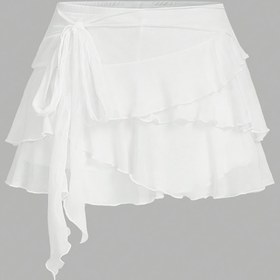 Resim Ruffled Lace-Up Detaylı Kadın Düşük Bel Mini Etek - Bahar/Yaz/Sonbahar için Beyaz Katmanlı Ruffle Etek, Rahat Formal Giyim, Mevsimsel Moda, Katmanlı Etek Tasarımı, Formal Giyim, Bahar Yaz Modası, Akışkan Kumaş 