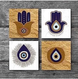 Resim Fatma Ana Eli (Hamsa), Nazar Taş Bardak Altlığı Seti - 4 Parça - Dekoratif, Rustik Mutfak Aksesuarı, 10x10 cm, Kaydırmaz Tabanlı, Şık ve Dayanıklı SC247 