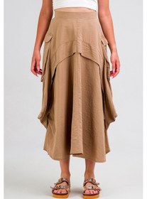 Resim Kadın Kargo Cepli Pervazlı Gizli Fermuarlı Pamuklu Kumaş Etek Bej 