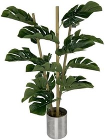Resim Yapay Çiçek Monstera Bambu Saplı Deve Tabanı Gümüş Saksılı Salon Çiçeği 18 Yaprak 80 cm 