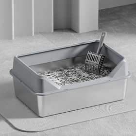 Resim KEMORELA Paslanmaz Çelik Kedi Kumu Kabı, Plastik Tepsi ile, XL Yüksek Kenarlı Dikdörtgen Kedi Tuvaleti, Birden Fazla ve Büyük Kediler İçin, Sızdırmaz, Temizlemesi Kolay ve Kürek Dahil 