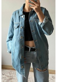 Resim Mia Butik Kadın Mavi Gömlek Yaka Kot Ceket-1111 Mavi 