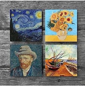 Resim Van Gogh Balıkçı Tekneleri, On İki Ayçiçekli Vazo, Yıldızlı Gece, Otoportre Taş Bardak Altlığı Seti - 4 Parça - Dekoratif, Rustik Mutfak Aksesuarı, 10x10 cm, Kaydırmaz Tabanlı SC154 