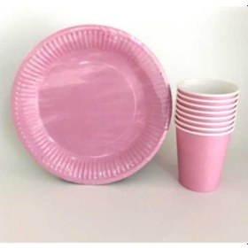 Resim Pembe 8 Adet Tabak Ve 8 Adet Pembe Bardak 