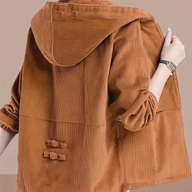 Resim 2025 İlkbahar & Sonbahar Kore Tarzı Fermuarlı Kapüşonlu Kord Ceket - Ön Cepli Bol Kesim Şık Kadınlar İçin Uzun Kollu Düz Renk Çok Yönlü Üst Giyim 