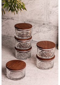 Resim Snippy Milla 6'lı Ahşap Vakumlu Kapaklı Cam Kahvaltılık Ahşap - Şeffaf 