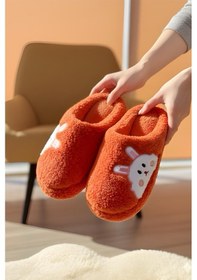 Resim Ft 101 Tavşan Nakışlı Kadın Ev Terliği Peluş Terlik Çeyiz Ve Bohça Terliği Ses Yapmaz Kalın Taban Turuncu 