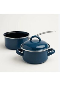 Resim Emaye Mini Tencere & Saplı Tava Seti 15 Cm Çap Emaye Tencere + Saplı Tava Yapışmaz Yüzey Lacivert 
